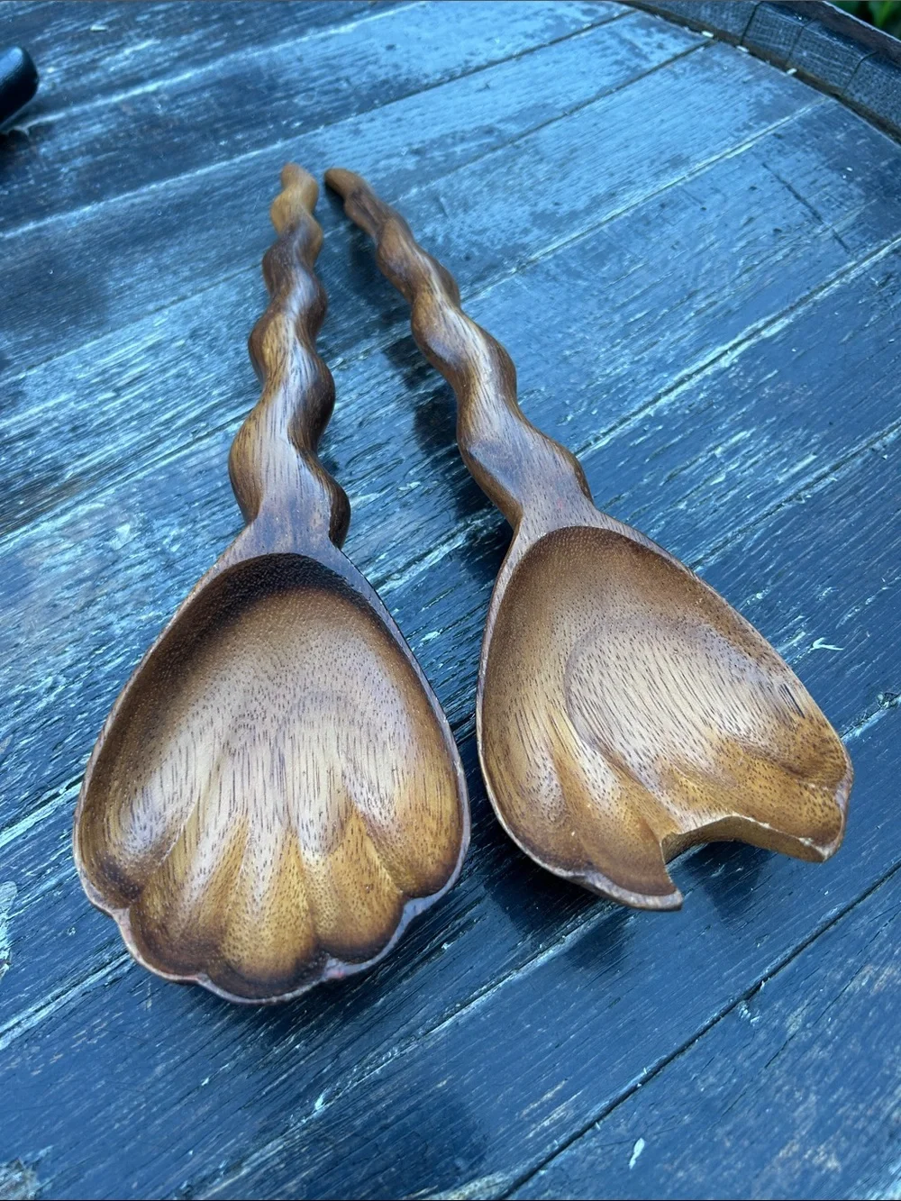 Vintage hand-carved wooden salad server Fork & Spoon set